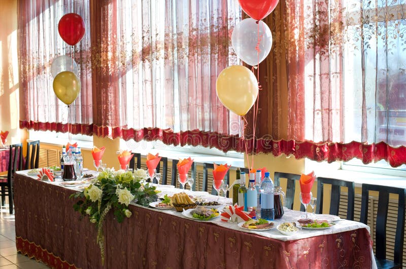 A laid banquet wedding restaurant table with balloons. Wedding cone stock images, royalty-free photos and pictures