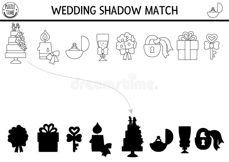 Wedding black and white shadow matching activity with cute bride, groom symbols. Marriage ceremony puzzle with cake, candle, ring