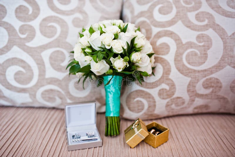 Wedding Bouquet with Boxes with Rings Stock Photo Image of carnation