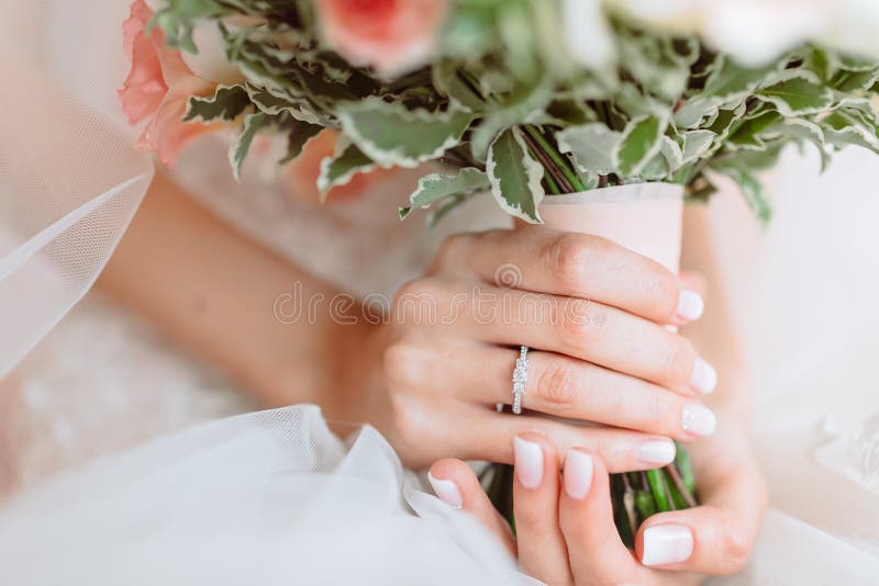 Wedding Bouquet of Flowers in Brides` Hands Stock Image Image of