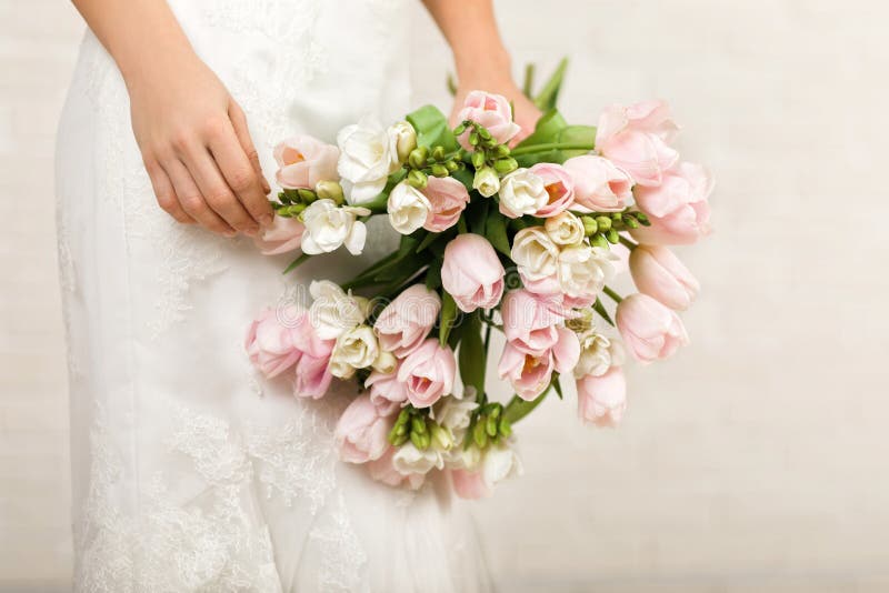 Wedding Bouquet of Tulips in Bride`s Hands Stock Photo Image of