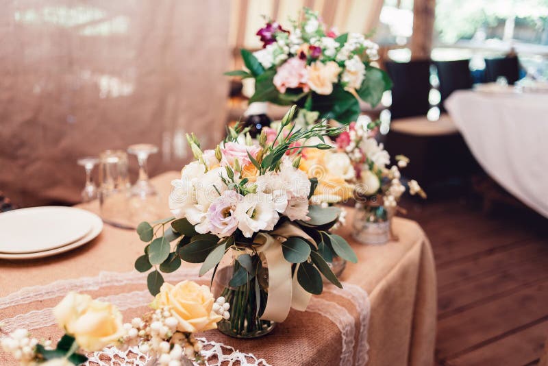 Wedding Bouquets of Yellow Roses in Vases. Stock Image Image of