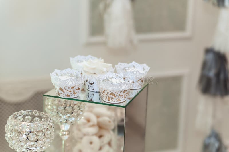 Wedding candy bar table. Cakes and other sweets royalty free stock photography