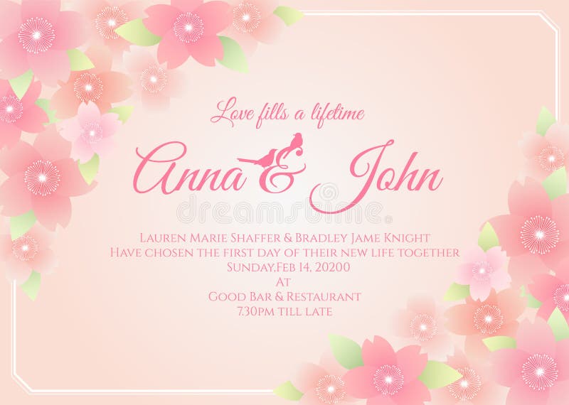 Wedding card - sakura flower frame on soft pink background vector template design stock illustration Wedding card - sakura flower frame on soft pink background vector template design stock illustration