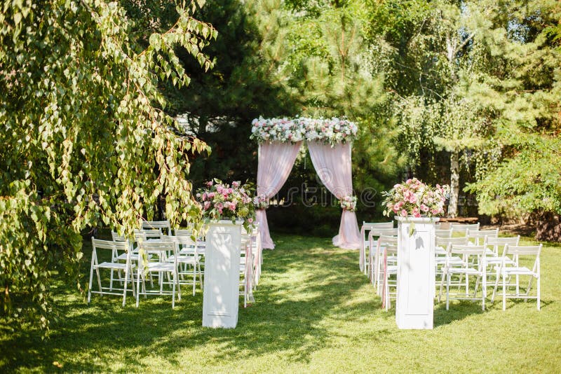 Wedding Ceremony in Beautiful Garden. Stock Image - Image of bride ...