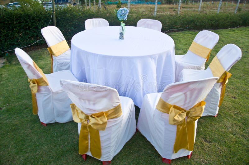Wedding Chairs and covers stock photo. Image of dinner 43617598
