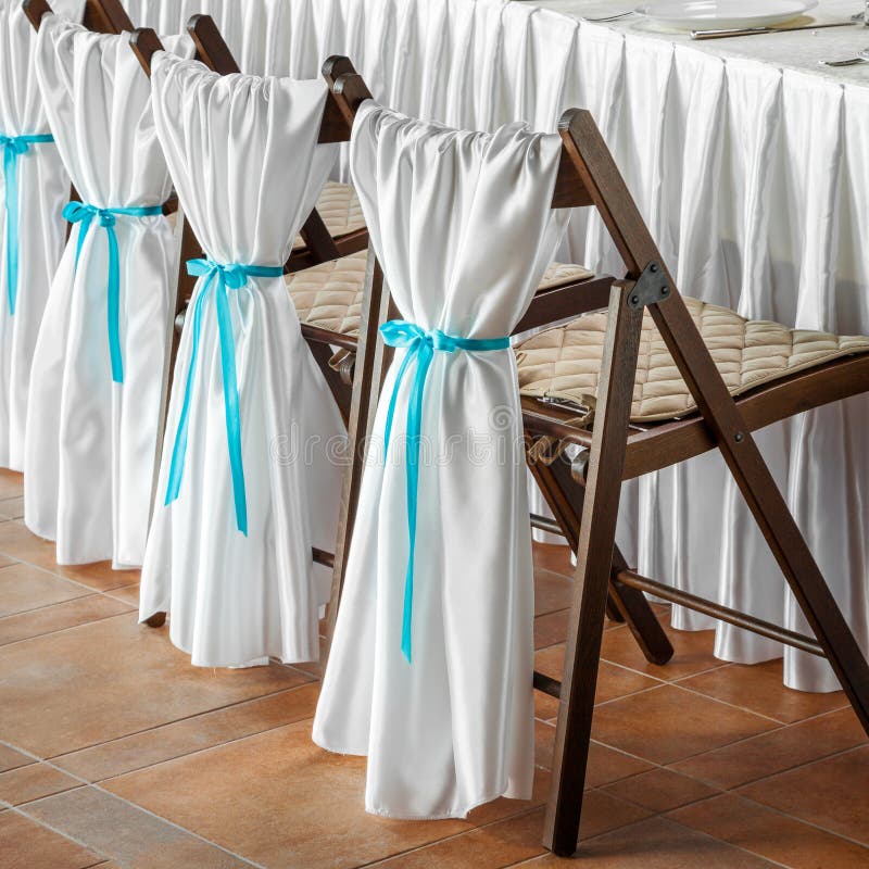 Wedding Chairs, Decorated with White Fabric and Blue Ribb Stock Photo Image of napkin, detail
