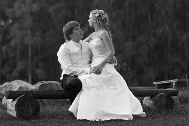 Wedding Couple on Bench royalty free stock image Wedding Couple on Bench royalty free stock image