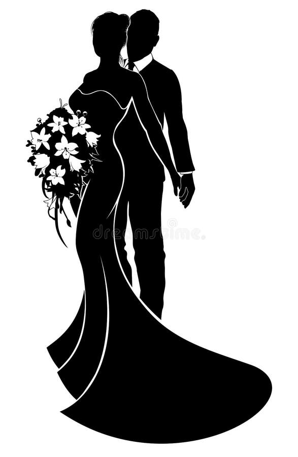 Boda novia acicalar en silueta novia en boda ropa vestido posesión de flores.