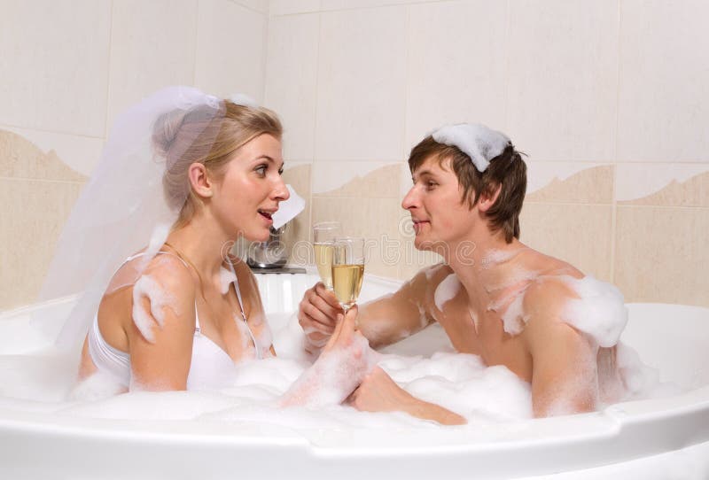 Wedding Couple is Enjoying a Bath with Bubbles Stock Photo Image of
