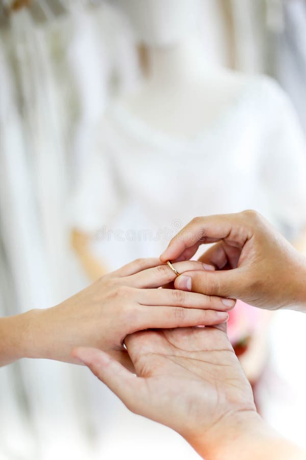 Wedding Couple Holding Hands and Put Her a Wedding Ring Stock Image