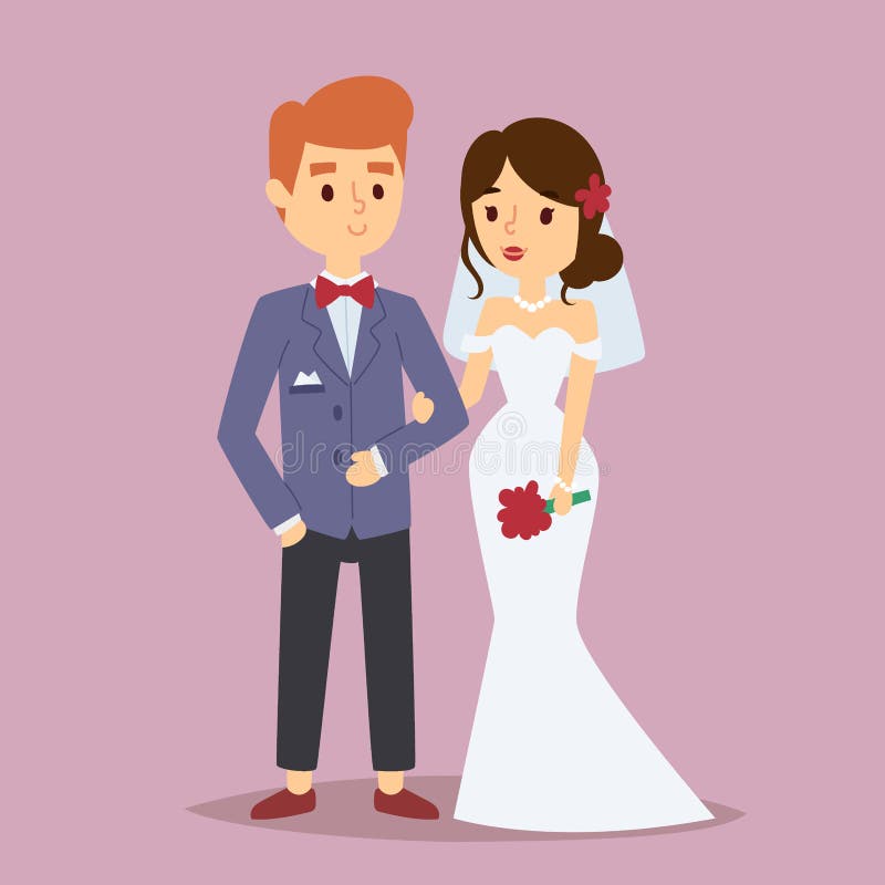 Wedding couple vector beautiful model girl in white dress and man in suit bride illustration