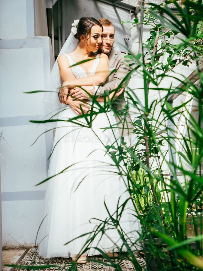 Wedding couple indoors is hugging each other. Beautiful model girl in white dress. Man in suit. Beauty bride with groom. royalty free stock photos Wedding couple indoors is hugging each other. Beautiful model girl in white dress. Man in suit. Beauty bride with groom. royalty free stock photos