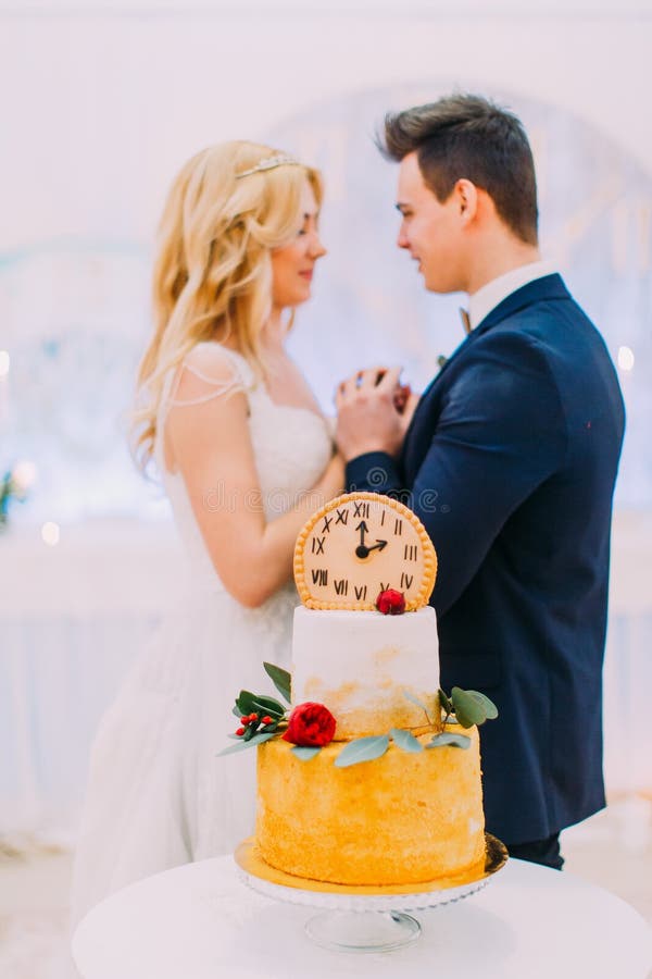Wedding couple lovingly look at each other. Sweet cake on foreground royalty free stock photography Wedding couple lovingly look at each other. Sweet cake on foreground royalty free stock photography