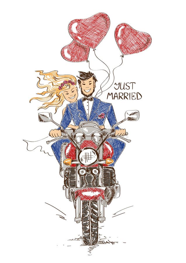 Wedding Couple Riding On A Motorbike Stock Vector - Illustration of