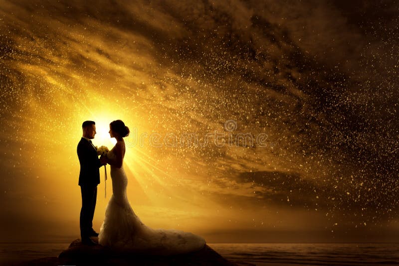 Wedding Couple Silhouette. Bride and Groom Black Contour over yellow Sunshine Sunset. Romantic Couple at Night Sky Stars Landscape. Wedding Couple Silhouette. Bride and Groom Black Contour over yellow Sunshine Sunset. Romantic Couple at Night Sky Stars Landscape