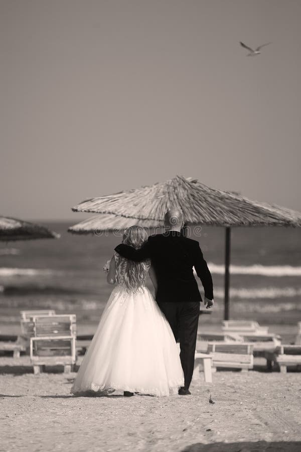Wedding couple walking on the beach, back side royalty free stock photography Wedding couple walking on the beach, back side royalty free stock photography