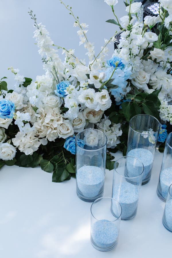 Wedding Decor. Elegant Table Setup in Blue Pastels Stock Photo Image