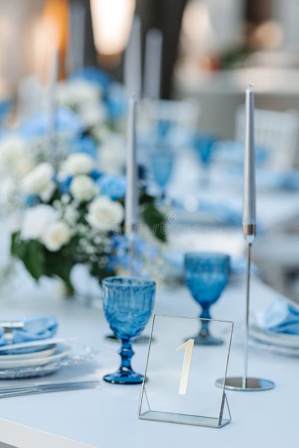 Wedding Decor. Elegant Table Setup in Blue Pastels Stock Photo Image