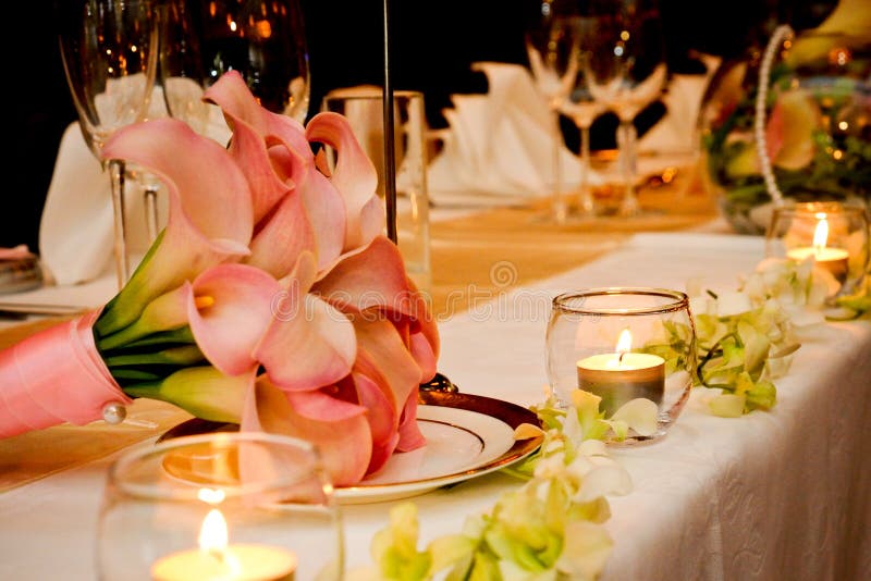 Wedding Dinner Venue and Reception Table Decoration Stock Photo Image