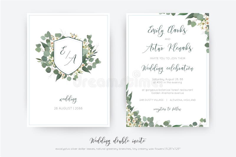 Wedding double invite, invitation, save the date card floral design. Botanical monogram: creamy wax flower, Eucalyptus green stock illustration Wedding double invite, invitation, save the date card floral design. Botanical monogram: creamy wax flower, Eucalyptus green stock illustration