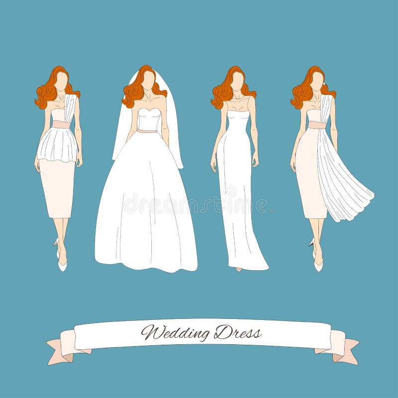 Set of Dresses Empire Line Technical Fashion Illustration with Long