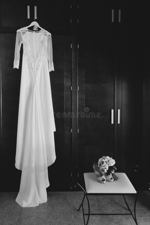 Wedding Dress and Accessories. Black and White Stock Photo Image of