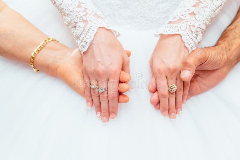 Wedding dress and bride s hands ring