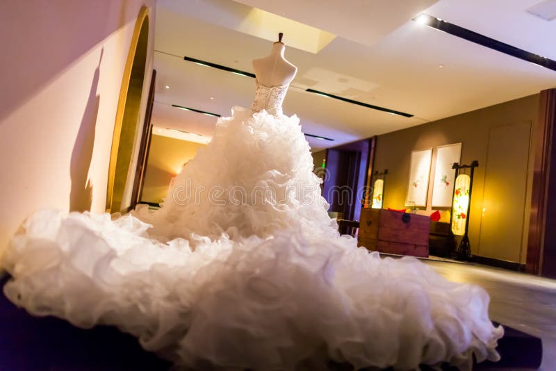 Wedding dress on display, perpared for the bride