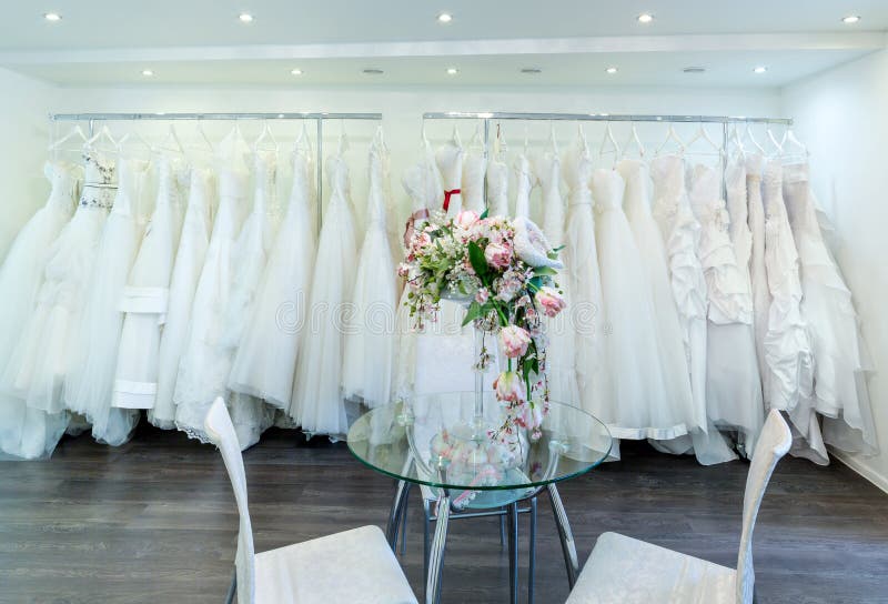 Collection of wedding dresses in the shop