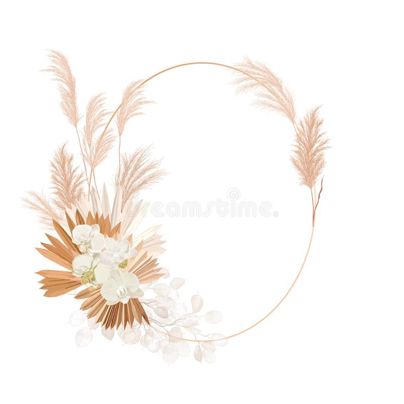 Wedding dried lunaria, orchid, pampas grass floral wreath. Vector Exotic dried flowers, palm leaves boho
