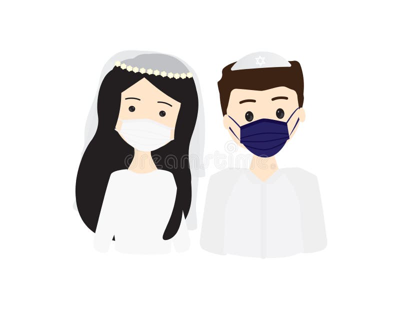 Young Jewish Broom and Bride Wearing Blue White Face Masks Stock Vector Illustration of
