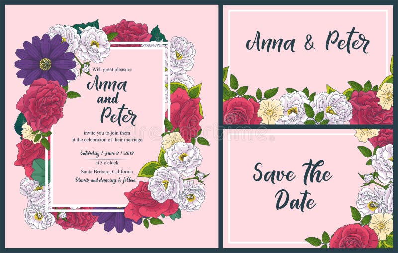Wedding floral invitation card, save the date design with pink, red flowers - roses and green leaves wreath and frame. Botanical stock images Wedding floral invitation card, save the date design with pink, red flowers - roses and green leaves wreath and frame. Botanical stock images