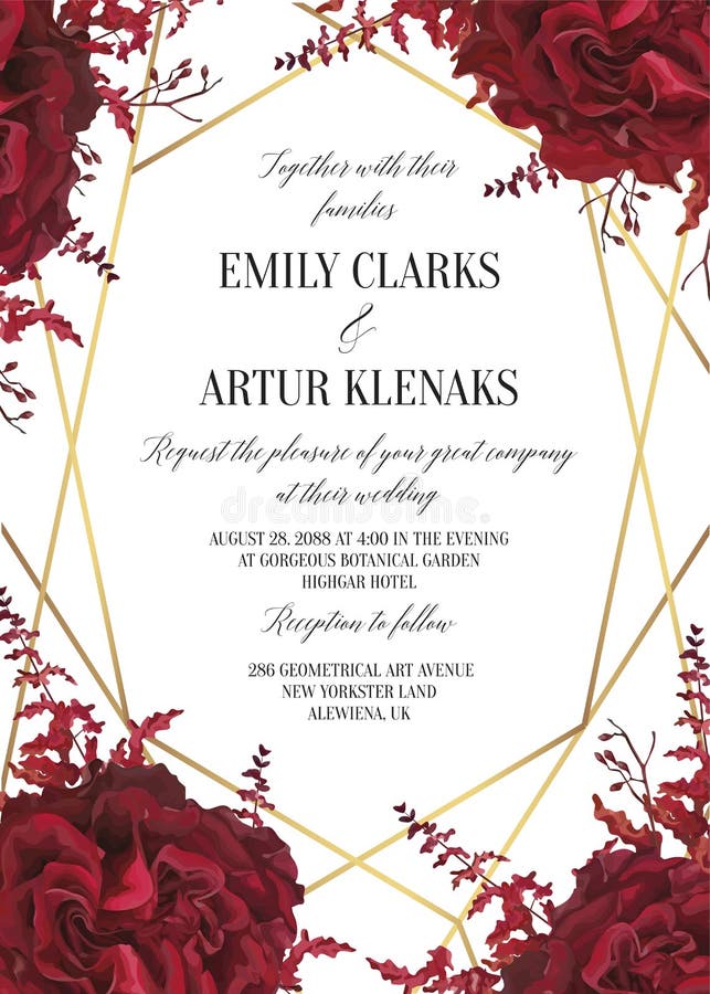 Wedding Floral Invite, Invtation Card Design. Watercolor Marsala Red Garden  Rose Blossom, Amaranthus Flower & Burgundy Eucalyptus Stock Vector -  Illustration of botanical, garden: 119913671