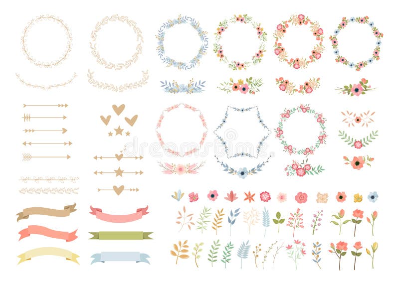 Wedding flowers elegant decoration colorful vector illustrations set