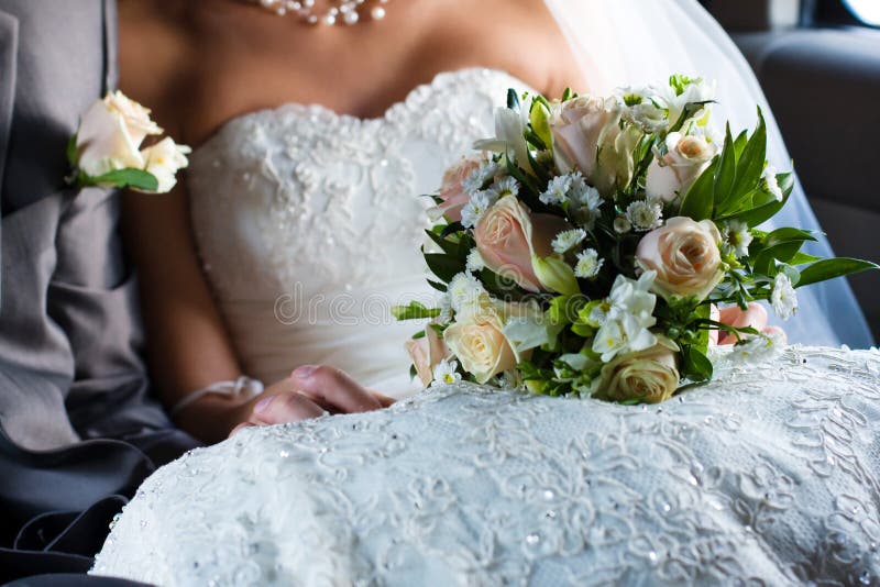 Wedding flowers inside the limousine