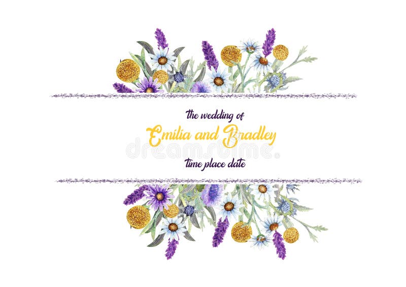 Wedding frame of wild flowers. Waterclor. Greeting card template design. Invitation background. Wedding frame of wild flowers. Waterclor. Greeting card template design. Invitation background.