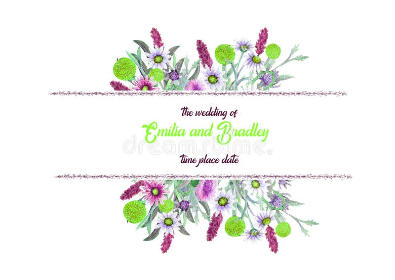 Wedding frame of wild flowers. Waterclor. Greeting card template design. Invitation background. Wedding frame of wild flowers. Waterclor. Greeting card template design. Invitation background.