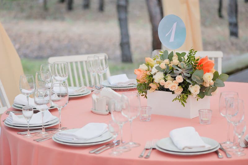 Wedding Guest Table Decorated with Bouquet and Settings Stock Image