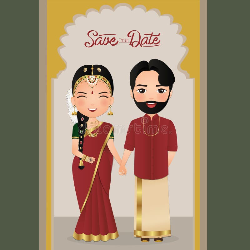 Wedding Invitation Card the Bride and Groom Cute Couple in Traditional  Indian Dress Cartoon Character. Vector Illustration. Stock Vector -  Illustration of card, anniversary: 205848241