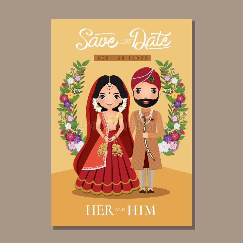 Wedding Invitation Card the Bride and Groom Cute Couple in Traditional  Indian Dress Cartoon Character. Vector Illustration. Stock Vector -  Illustration of character, groom: 216421904