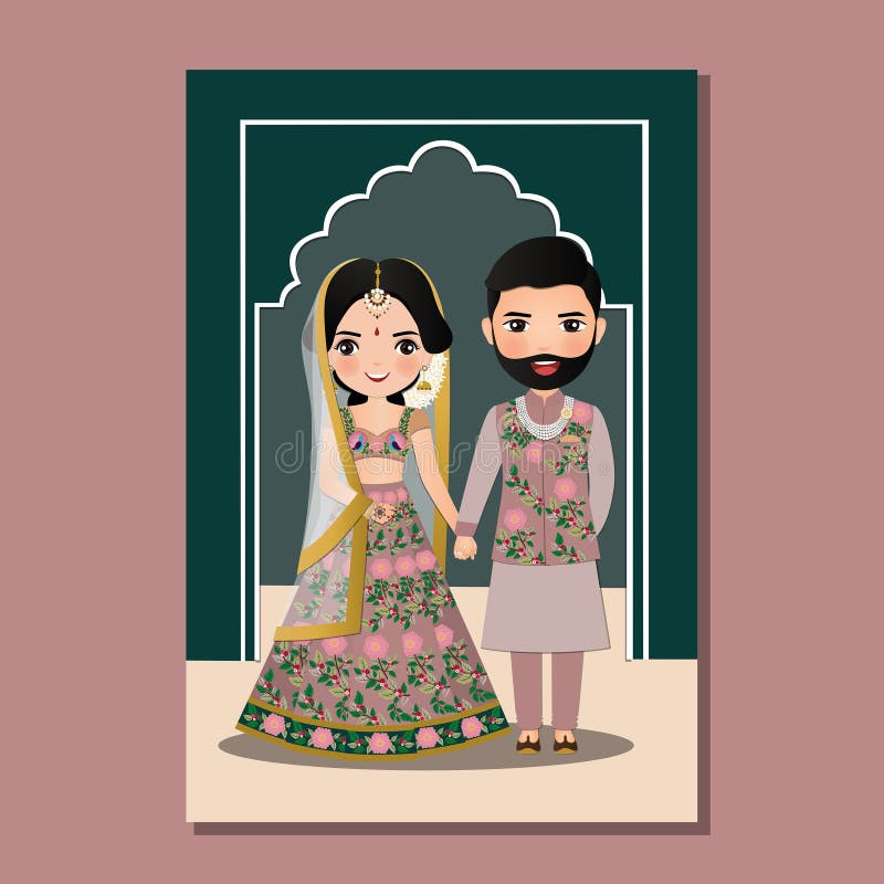 Wedding invitation card the bride and groom cute couple in traditional indian dress cartoon character. Vector illustration.