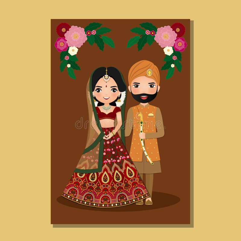 Wedding invitation card the bride and groom cute couple in traditional indian dress cartoon character. Vector illustration.