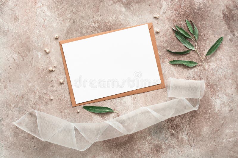 Wedding Invitation with Accessories. Blank Card Mockup, Envelope, Silk  Ribbon, Olive Branch and Pearls. Female Workspace Template Stock Photo -  Image of copy, life: 193679342