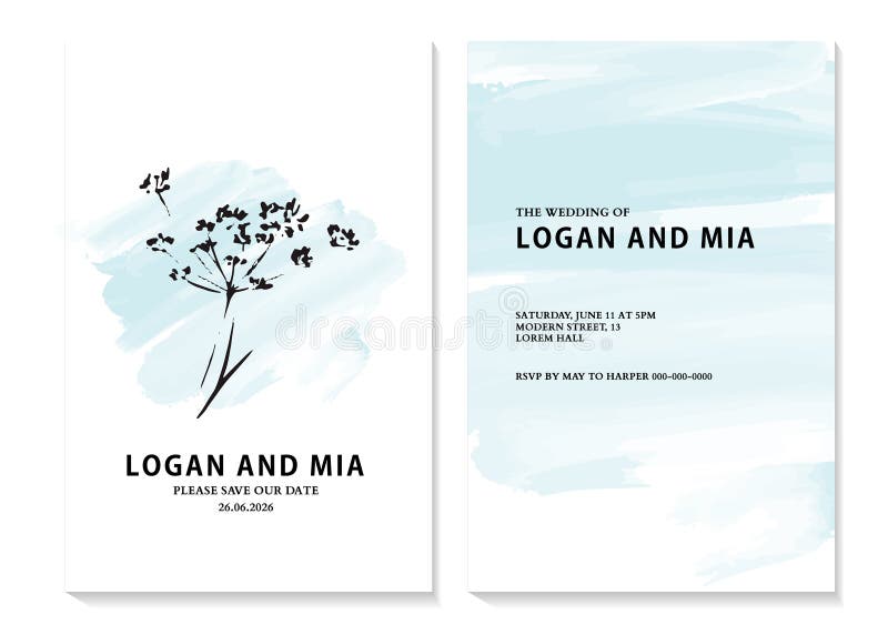 Wedding invitation blue Pastel  background with leaves, dry flowers nature design  in vector. Minimalist paint graphic , modern