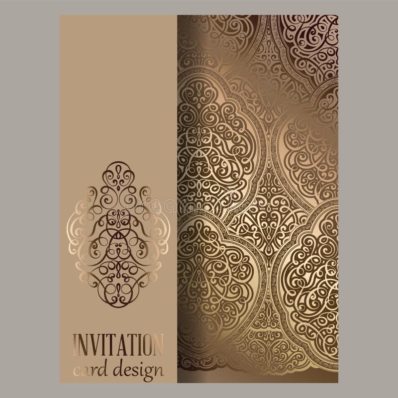 Wedding Invitation Card with Beige and Gold Shiny Eastern and Baroque Rich  Foliage. Ornate Islamic Background for Your Design Stock Illustration -  Illustration of anniversary, wedding: 154893501