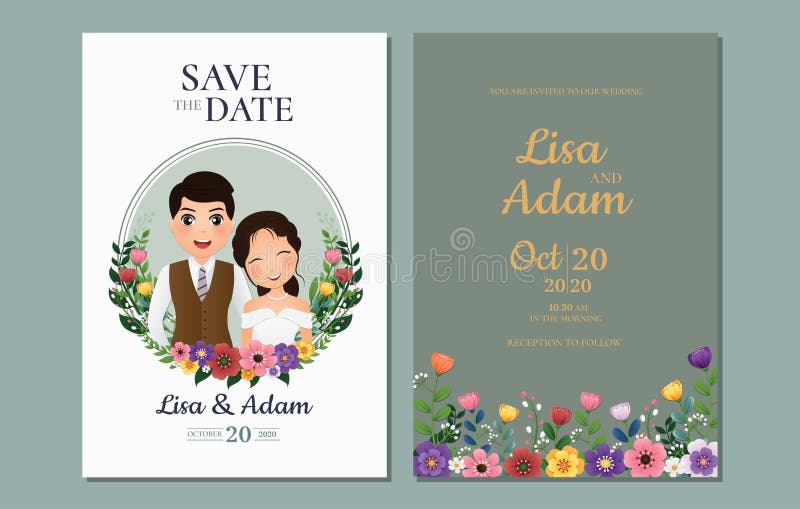 Wedding Invitation Card the Bride and Groom Cute Couple Cartoon   Vector Illustration for Event Celebration Stock Illustration - Illustration  of leaf, invitation: 173315864