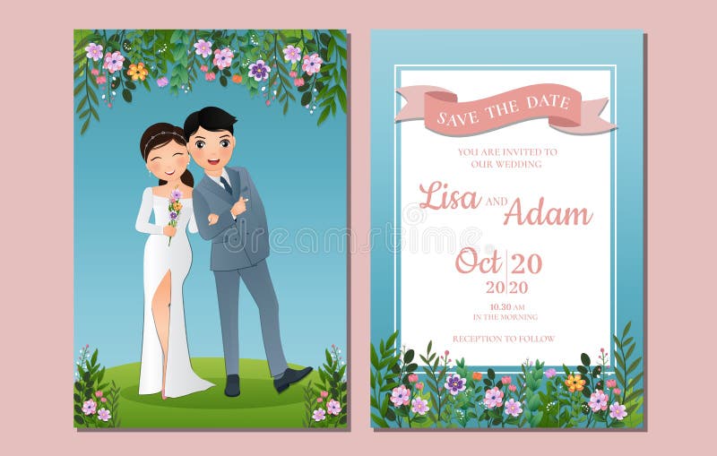 Wedding Invitation Card the Bride and Groom Cute Couple Cartoon   Background for Event Celebration Stock Illustration -  Illustration of charactervector, flower: 202400959