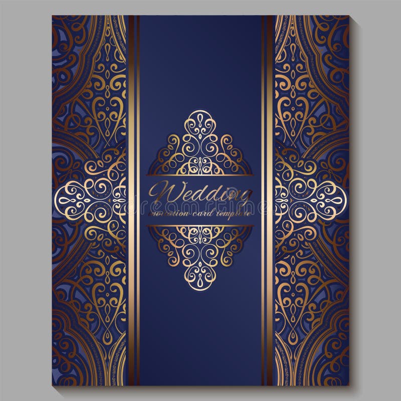 Wedding Invitation Card with Gold Shiny Eastern and Baroque Rich Foliage.  Royal Blue Ornate Islamic Background for Your Design Stock Illustration -  Illustration of arabic, greeting: 150889675