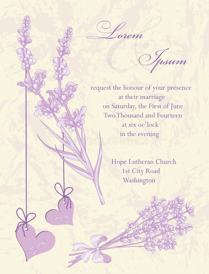 Wedding invitation card. Lavender background.